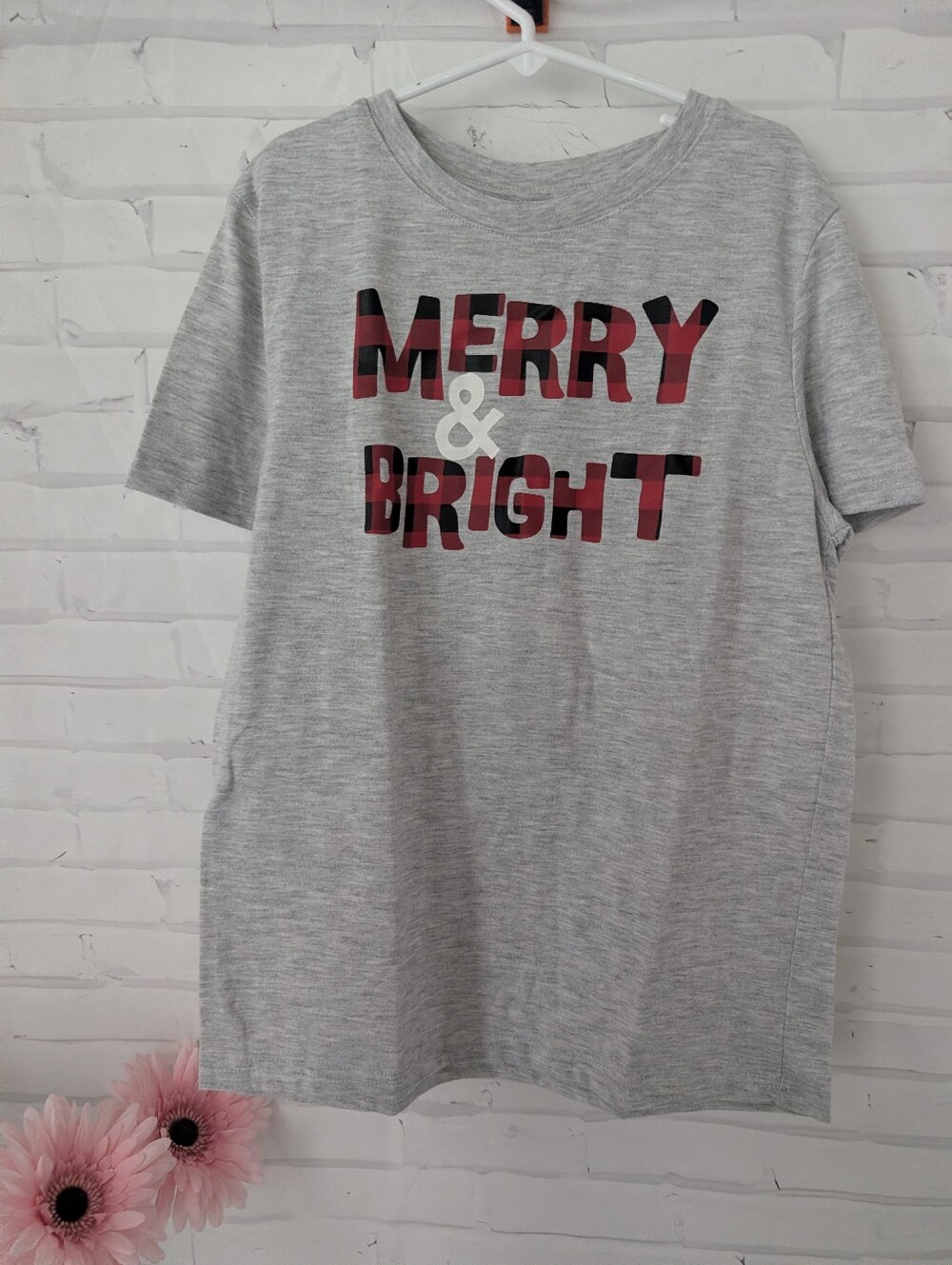 wonder nation Grey Tee with Red & Black Plaid "Merry & Bright" Gender Neutral